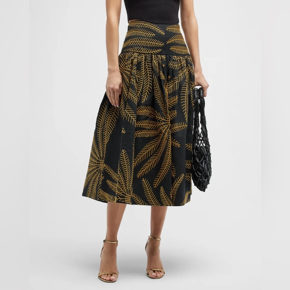 NEW Alexis Julietta Embroidered Midi Skirt Black 100% Linen Leaves Leaf Design